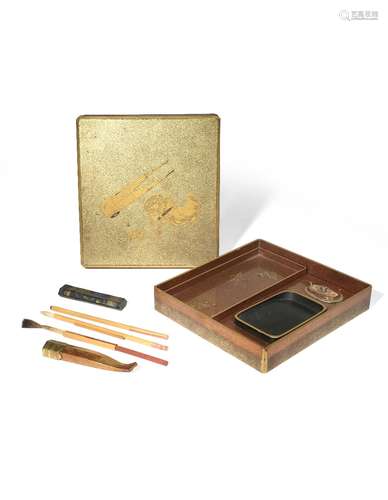 A JAPANESE GOLD LACQUER WRITING BOX AND COVER, SUZURIBAKO EDO/MEIJI PERIOD Of rectangular shape, the