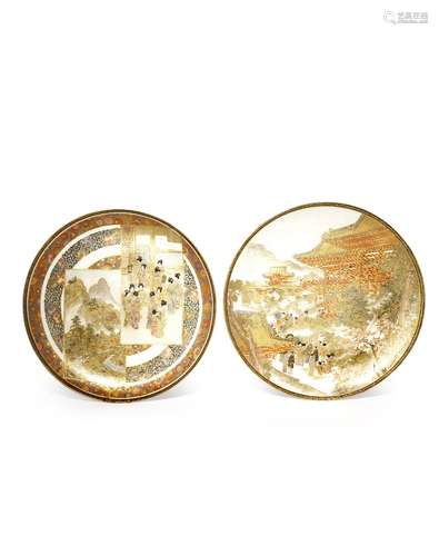 TWO LARGE JAPANESE SATSUMA DISHES BY SENZAN MEIJI 1868-1912 Both with densely decorated wells, one