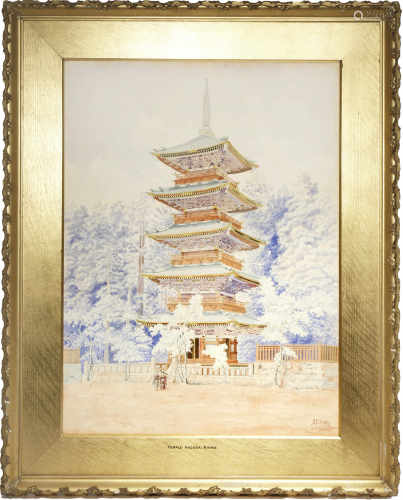A JAPANESE WATERCOLOUR PAINTING C.1900 Depicting figures standing before the five-storey pagoda at