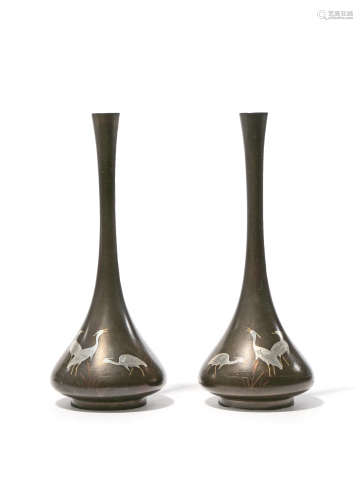 A PAIR OF JAPANESE INLAID BRONZE VASES MEIJI 1868-1912 The tall pear-shaped bodies each decorated