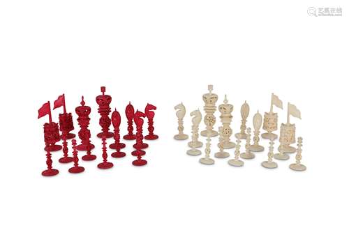 A CHINESE CANTON IVORY 'BURMESE' PATTERN CHESS SET.