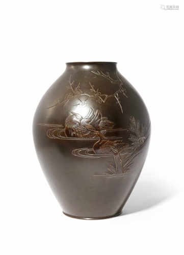 A JAPANESE BRONZE VASE 20TH CENTURY The tall ovoid body decorated in kebori and silver nunomezogan
