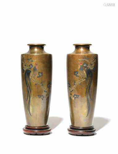 A PAIR OF JAPANESE INLAID BRONZE VASES MEIJI 1868-1912 Both decorated with an onagadori (long-tailed
