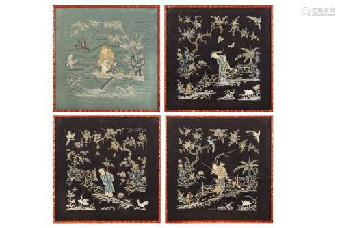FOUR CHINESE EMBROIDERED 'IMMORTALS' SILK PANELS.