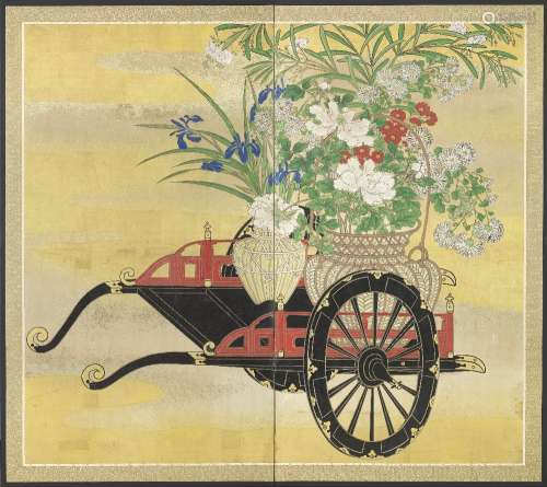 A JAPANESE TWO-FOLD PAPER SCREEN EDO 1603-1868 Decorated in ink and colour on a gold ground with a
