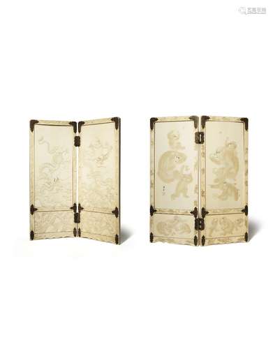 λ A TALL JAPANESE IVORY TWO-FOLD TABLE SCREEN, TSUITATE MEIJI 1868-1912 Each rectangular panel