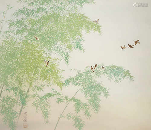 A JAPANESE SCROLL PAINTING, KAKEMONO 20TH CENTURY In ink and colour on silk and depicting many