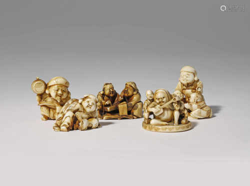 λ FIVE JAPANESE IVORY NETSUKE MEIJI 1868-1912 Four of them depicting Gods of Good Fortune (Ebisu and