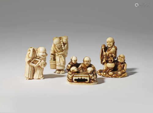 λ FOUR JAPANESE IVORY NETSUKE MEIJI 1868-1912 One carved as an elderly woman carrying a child on her