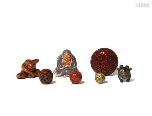 A SMALL COLLECTION OF JAPANESE MINIATURE PIECES MEIJI 1868-1912 Including: three netsuke, one in