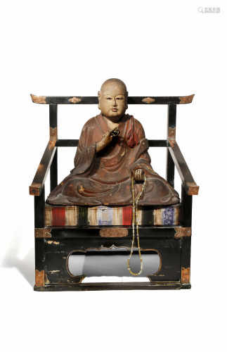 A LARGE JAPANESE POLYCHROME AND LACQUER WOOD FIGURE EDO 1603-1868 Depicting the monk Kukai wearing