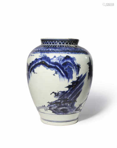 A JAPANESE KO-IMARI BLUE AND WHITE JAR C.1680 The bulbous body decorated in dark underglaze blue