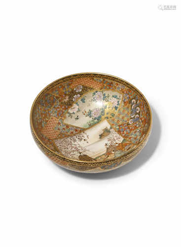 A JAPANESE SATSUMA BOWL MEIJI 1868-1912 The well decorated with many shaped panels, the largest with