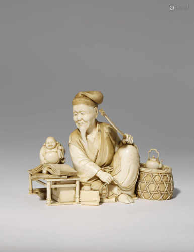 †λ A GOOD JAPANESE IVORY CARVING, OKIMONO MEIJI 1868-1912 Depicting a scholar at his study,