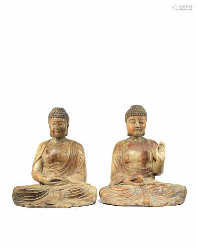 TWO MASSIVE WOOD MODELS OF BUDDHA SHAKYAMUNI 19TH CENTURY OR EARLIER Both made of several sections
