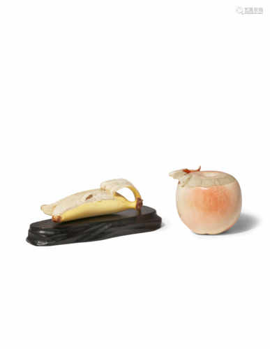 λ TWO JAPANESE IVORY MODELS OF FRUITS, OKIMONO MEIJI 1868-1912 One depicting an apple with its