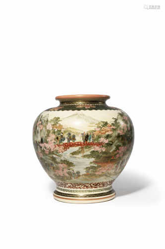 A LARGE JAPANESE SATSUMA VASE MEIJI 1868-1912 The bulbous body decorated with a continuous scene