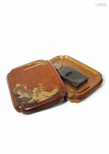 A JAPANESE WOOD AND LACQUER WRITING BOX, SUZURIBAKO EDO 1615-1868 The rectangular body with lobed