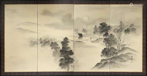 A JAPANESE FOUR-FOLD SCREEN 20TH CENTURY Painted in black ink on silk with a mountainous river