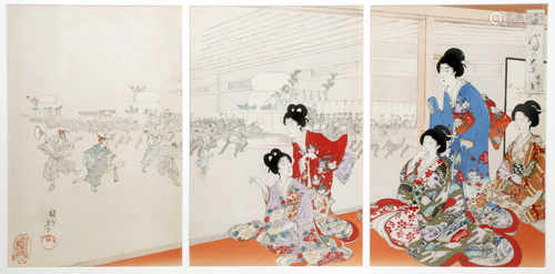 A JAPANESE TRIPTYCH BY CHIKANOBU YOSHU (1838-1912) MEIJI 1868-1912 Depicting five beauties on a