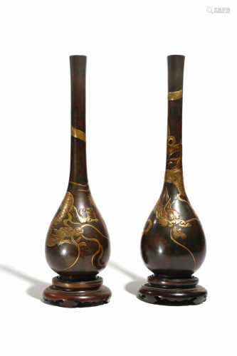 A NEAR PAIR OF JAPANESE LACQUERED BRONZE VASES MEIJI 1868-1912 The tall pear-shaped bodies with an