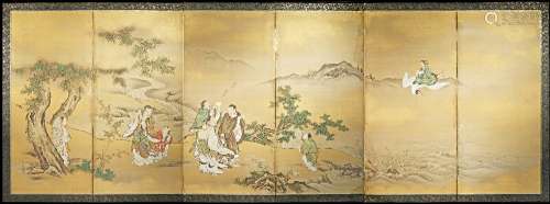 A JAPANESE SIX-FOLD PAPER SCREEN MEIJI 1868-1912 Painted in ink and colour on a gold silk ground,