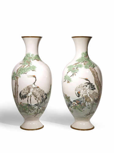 A PAIR OF LARGE JAPANESE CLOISONNE ENAMEL VASES MEIJI 1868-1912 The tall baluster bodies both
