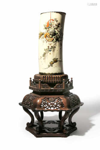 λ A JAPANESE SILVER-MOUNTED AND IVORY SHIBAYAMA TUSK VASE MEIJI 1868-1912 With coral, mother of