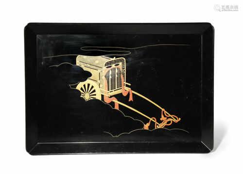 A JAPANESE BLACK LACQUER TRAY MEIJI 1868-1912 Of rectangular shape, the shallow body decorated in