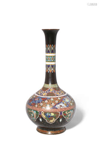 A JAPANESE CLOISONNE ENAMEL VASE MEIJI 1868-1912 With a tall elegant neck rising from a bulbous body