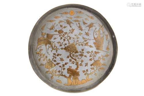A CHINESE COPPER-INLAID PEWTER 'PHOENIX' TRAY.
