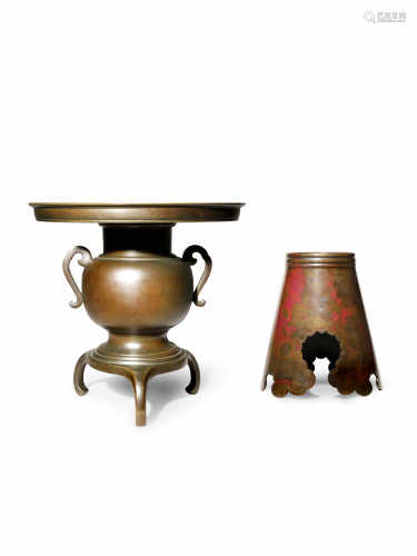 TWO JAPANESE BRONZE VASES MEIJI/TAISHO PERIODS The largest in two parts, the bulbous body with a