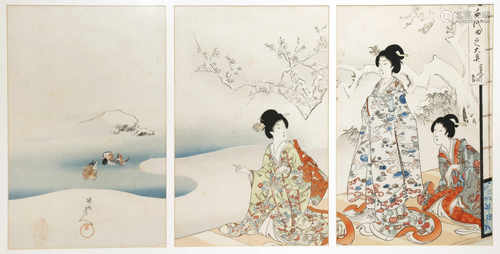 A JAPANESE TRIPTYCH BY CHIKANOBU YOSHU (1838-1912) MEIJI 1868-1912 Depicting three beauties on a