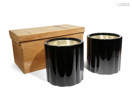 A PAIR OF JAPANESE LACQUER BRAZIERS, HIBACHI 20TH CENTURY The twelve-lobed bodies a deep black