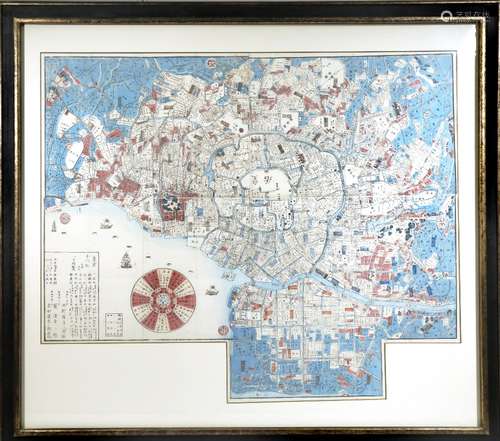 A LARGE JAPANESE PRINTED MAP OF TOKYO 19TH CENTURY Orientated to the West and printed on four sheets