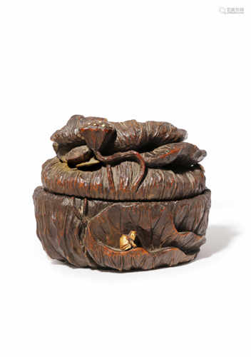 A LARGE JAPANESE BAMBOO BOX AND COVER MEIJI 1868-1912 Possibly an incense box, kogo, carved as lotus