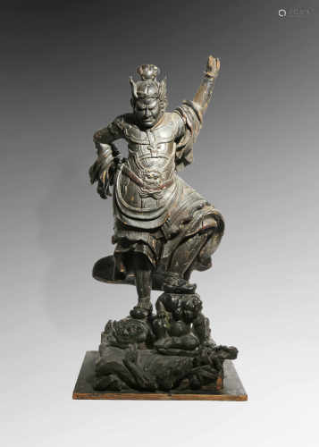 A JAPANESE WOOD AND GESSO MODEL OF JIKOKUTEN KAMAKURA OR LATER The fierce-looking Guardian King