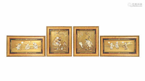 λ A SET OF FOUR JAPANESE SHIBAYAMA-STYLE PANELS MEIJI 1868-1912 Decorated with inlays in ivory,