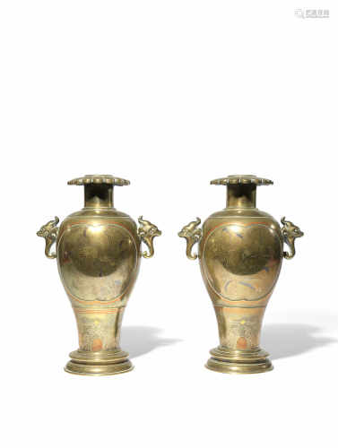 A PAIR OF JAPANESE MIXED METAL VASES MEIJI 1868-1912 The tall baluster bodies decorated with two