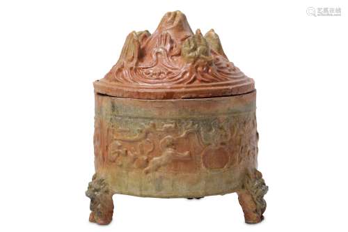 A CHINESE POTTERY TRIPOD INCENSE BURNER AND COVER.