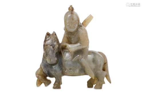 A CHINESE GREY JADE CARVING OF A WARRIOR ON A HORSE.