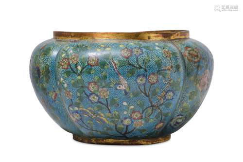 A LARGE CHINESE CLOISONNE 'BIRDS AND FLOWERS' JARDINIERE.