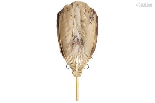 A CHINESE IVORY AND GOOSE FEATHER FAN.