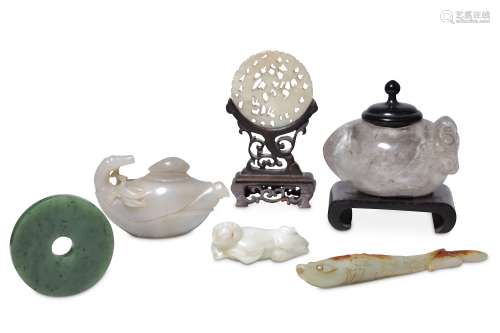 FIVE CHINESE JADE CARVINGS AND A CRYSTAL WASHER.