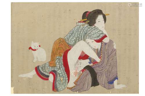 FIVE FRAMED SHUNGA PAINTINGS.