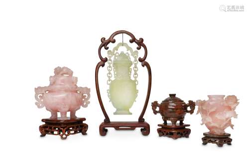 FOUR CHINESE HARDSTONE VASES AND INCENSE BURNERS.