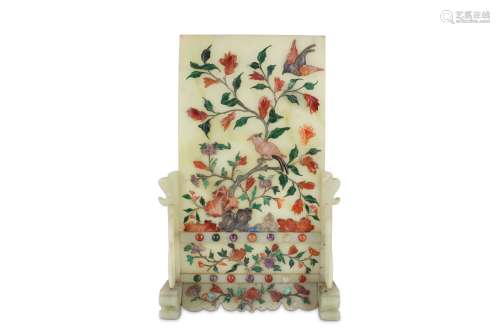 A CHINESE CELADON JADE HARDSTONE-INLAID TABLE SCREEN.