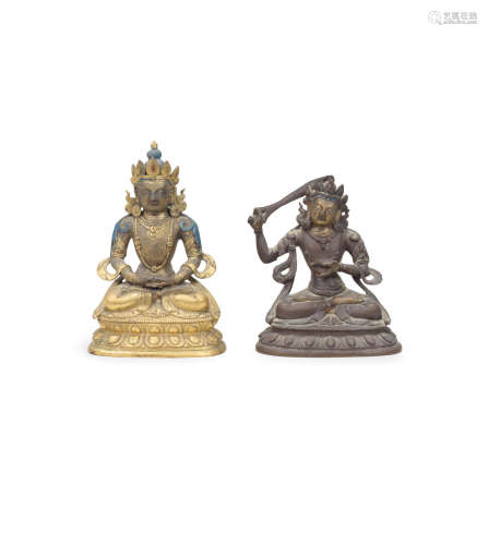 18th century  Two small bronze figures of Amitayus and Manjusri