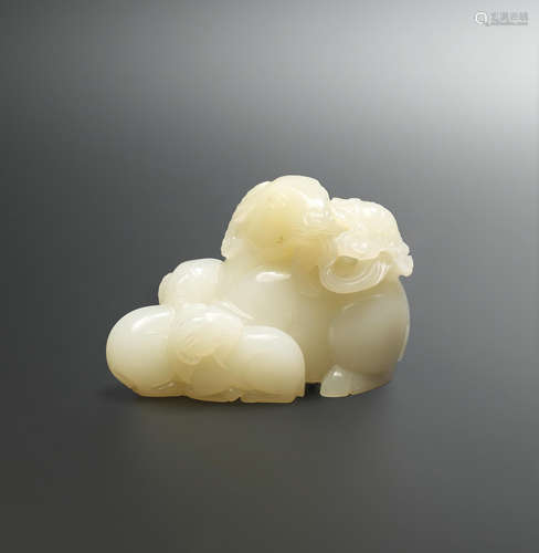 18th century A fine white jade carving of three rams, sanyang