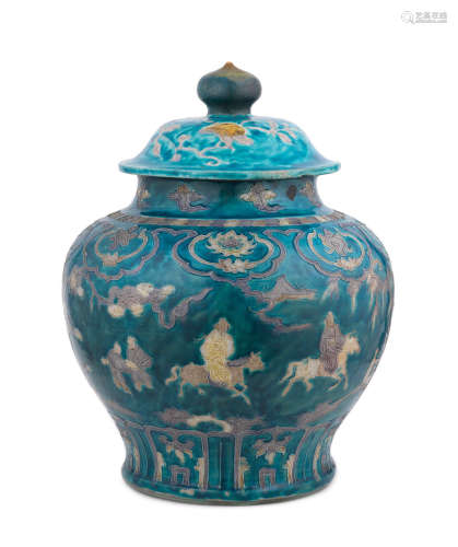 First half of the 16th century A rare and large 'fahua' 'Bajixiang and dignitaries' jar and cover, guan